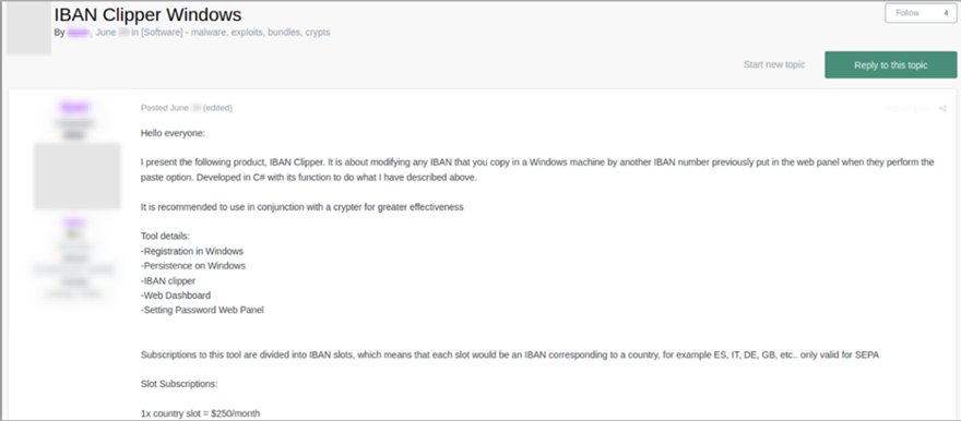 IBAN Clipper Malware Crypto Cryptocurrency Financial Theft Cybercrime Post on cybercrime forum
